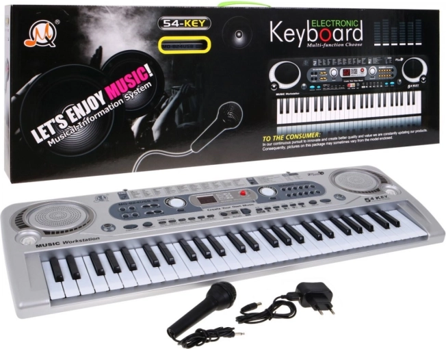Zilveren kinderkeyboard synthesizer met 54 toetsen, microfoon en USB-opname
