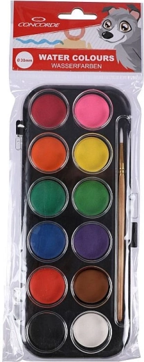 Aquarelverf CONCORDE 12 kleuren met penseel, 30 mm