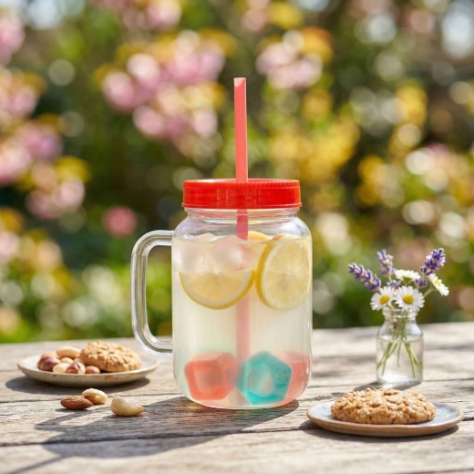 Rode beker met rietje en koelende ijsblokjes, 550 ml
