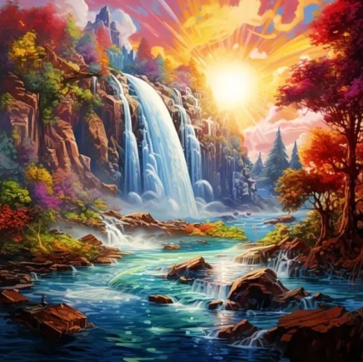 Schilderen op nummer Waterval bij zonsondergang 40 × 50 cm