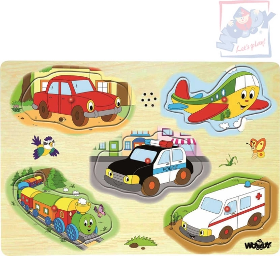 Woody houten geluids-puzzel vervoermiddelen 5 stukjes