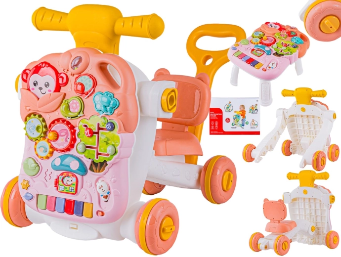 Interactieve multifunctionele loopwagen 4-in-1 met ride-on en educatieve speeltafel – roze