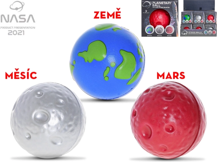 Antistressbal planeten NASA – Aarde, Maan en Mars, schuim 7 cm