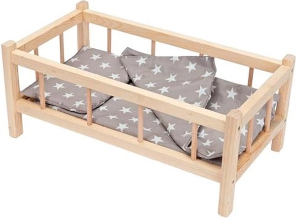 Houten poppenbedje met complete beddengoedset