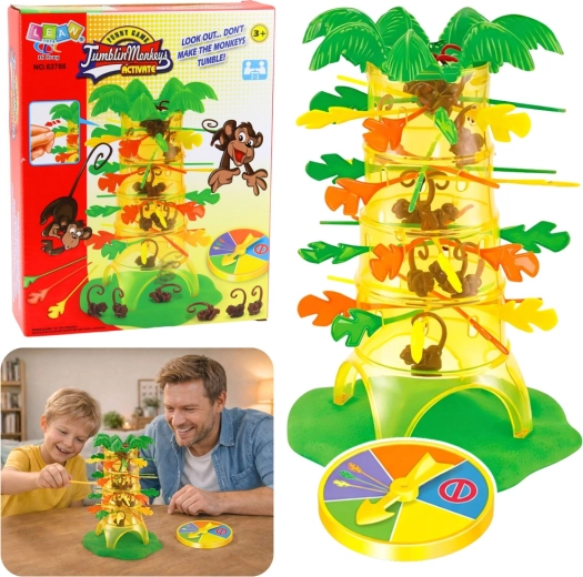 Familiespel met behendigheid Vallende aapjes met palmboom en geluksrad