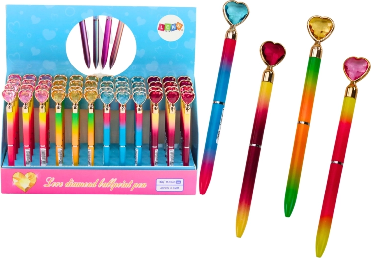 Balpen met diamanten hart, blauwe inkt 0,7 mm – mix kleuren