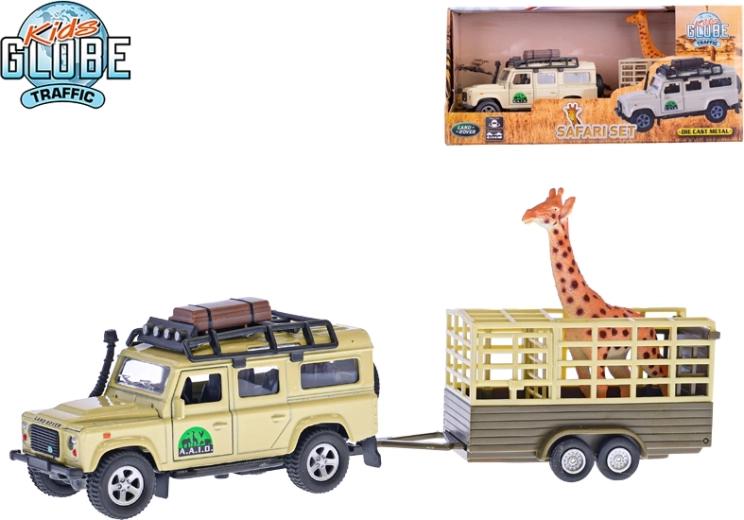 Metalen terreinwagen met aanhanger en giraffe 14 cm – LAND ROVER DEFENDER met pull-back