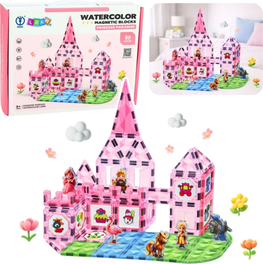 Magnetische bouwset prinsessenkasteel, aquarelkaarten, 80 stuks