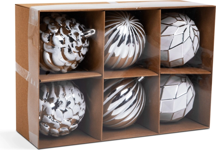 Set kerstballen voor de kerstboom, wit en zilver, 6 stuks