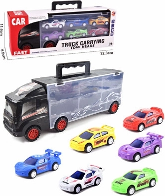 Vrachtwagen met 6 autootjes en uitschuifbare handgreep