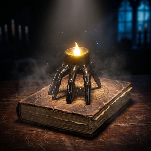 Halloween-ledkaars in een skeletachtige hand op batterijen