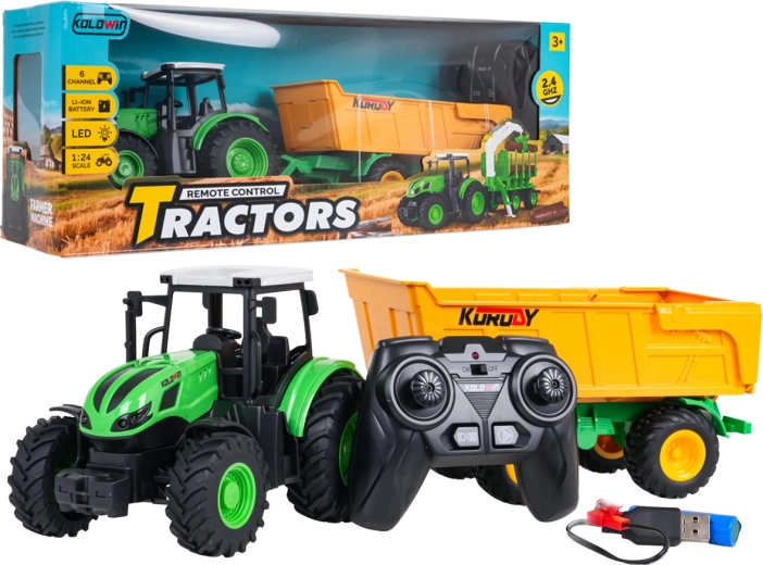 Op afstand bestuurbare tractor met gele kiepaanhanger 1:24