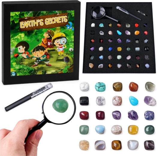 Set natuurlijke mineralen en kristallen (43 stuks) met loep en pen