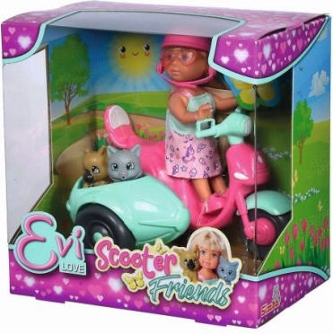 Pop EVI LOVE op scooter met hondje en katje, 12 cm