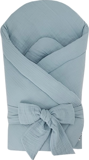 Eko mousseline wikkeldeken met uitneembare kokos inzet en strik, blauw 75 × 75 cm