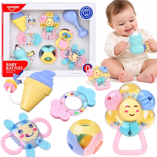 Pastelkleurige set rammelaars en bijtringen 2-in-1 voor baby's – 8 stuks