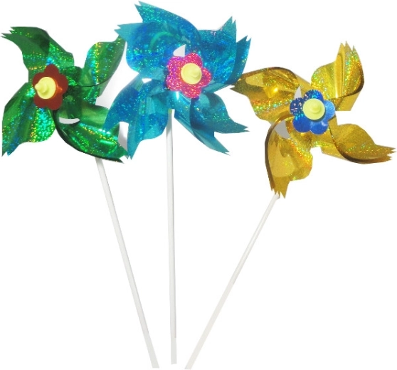 Kleurige holografische windmolen op kunststof stok