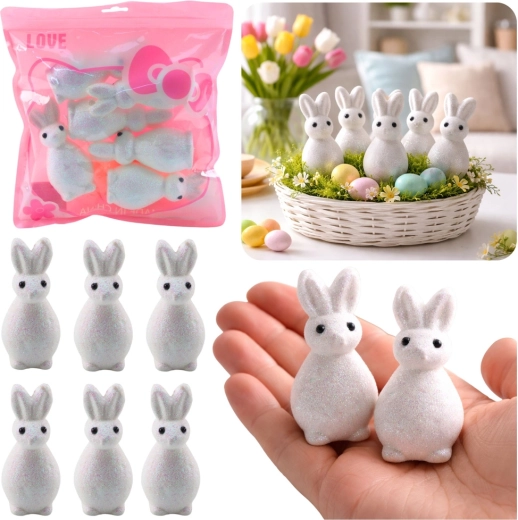 Witte glitterende piepschuimen paashaasjes - 6 stuks