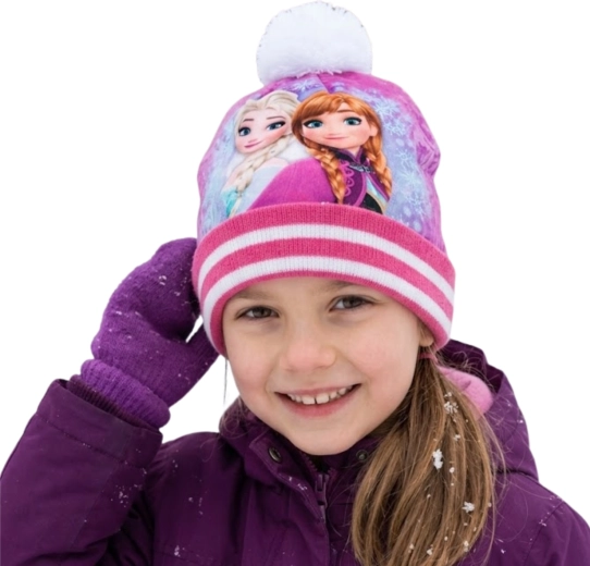 Kinderwintermuts Disney Frozen Elsa en Anna met pompon, donkerroze