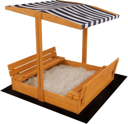 Houten afsluitbare zandbak met bankjes en dak BABY MIX 120 × 120 cm blauw‑wit