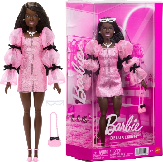 Mattel Barbie Deluxe Style modepop in een roze-zwart outfit met accessoires