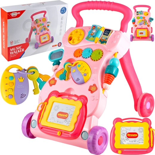 Loopwagen met bord en sleuteltjes roze