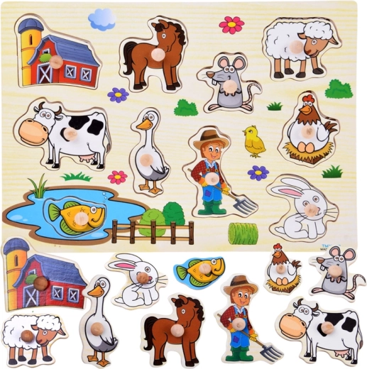 Houten insteekpuzzel boerderij met handvatten (10 stukjes)