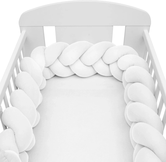 Mousseline bedbumper vlecht NEW BABY, wit