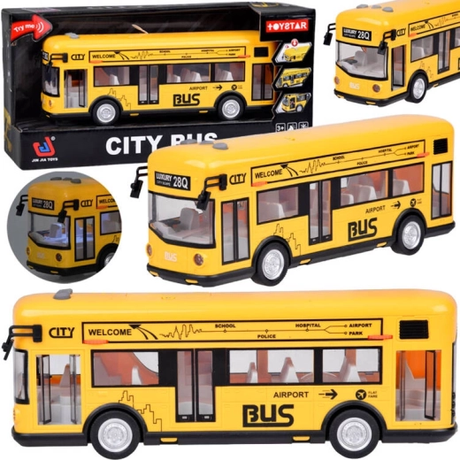 Gele stadsbus met licht, geluid en openende deuren