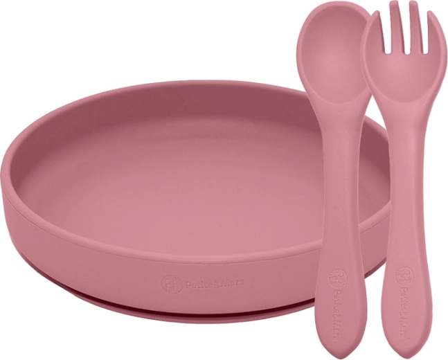 Siliconen eetset Petite&Mars Take&Match – bord met zuignap en bestek dusty rose (6m+)
