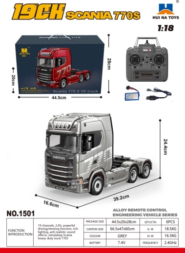 Op afstand bestuurbare Scania 770S-vrachtwagen 1:18 grijs