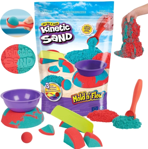 Kinetic Sand Mold 'n Flow kinetisch zand met 2 kleuren en 3 accessoires