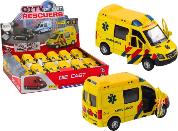 Ambulancemodel 1:32 met openslaande deuren en licht- en geluidseffecten - geel