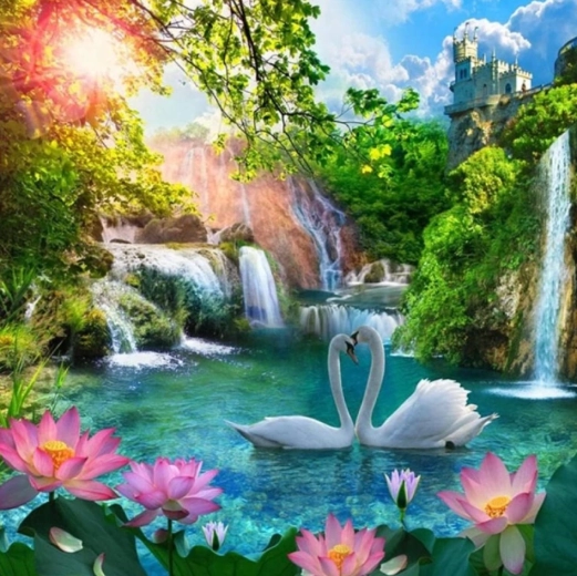 Norimpex diamond painting Zwanen bij de waterval 30 × 40 cm