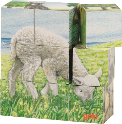 Goki houten kubuspuzzel boerderijdieren – 9 stuks