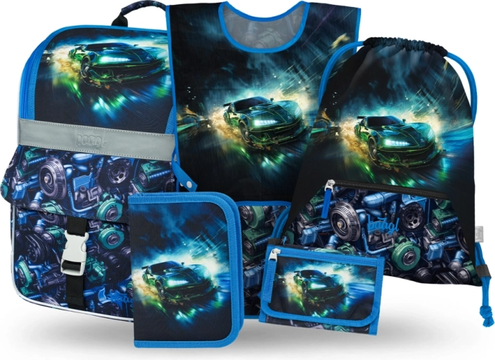 Baagl schoolset 5 stuks Zippy raceauto – schooltas, etui, gymzak, schort en portemonnee