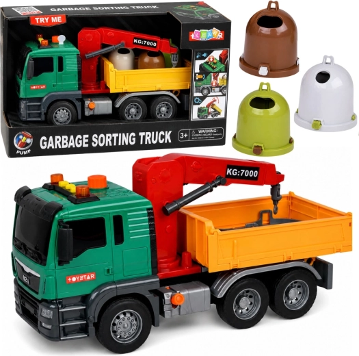 Kinder vuilniswagen met kraan, licht en geluid + containers voor afvalscheiding - 1 stuk