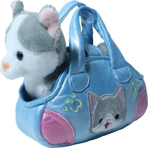 Pluchen grijs-witte kat in een handtas 17 cm