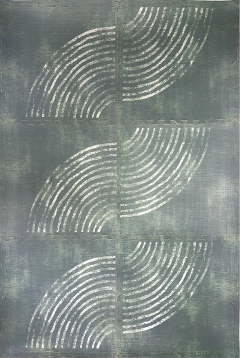 Humbi schuimvloermat XXL 180 × 120 cm – koppelbare puzzeltegels, witte bogen op een grijs‑blauwe ondergrond (6 stuks)