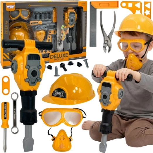 Woopie kinderset gereedschap met pneumatische hamer, helm en bril - 21 stuks
