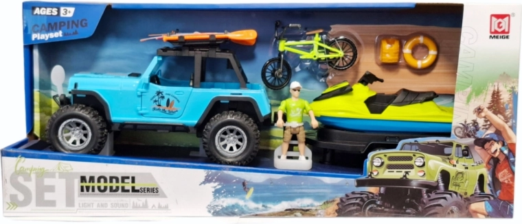 Kampeerset met terreinwagen, aanhanger en waterscooter