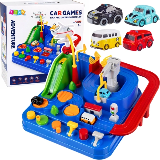 Interactieve racebaan met obstakels en parkeerplaats, 4 auto’s en helikopter – blauw