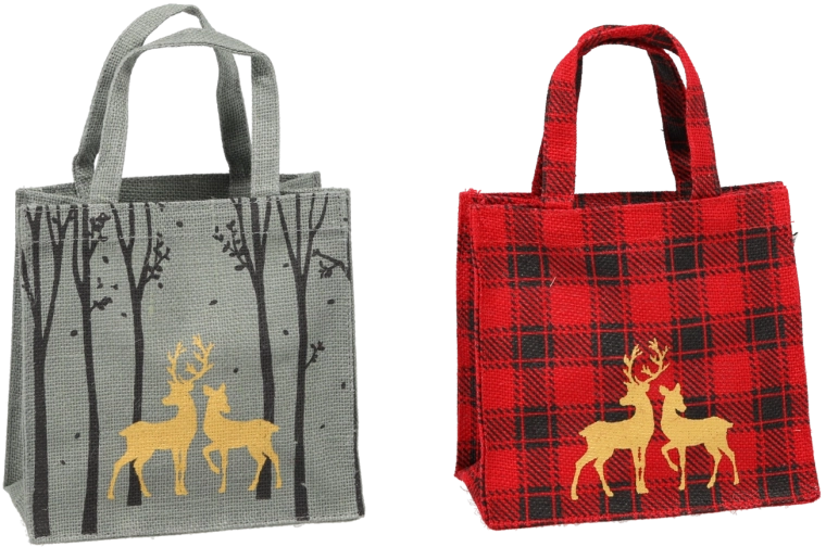 Jute kersttas met rendiermotief 20 × 20 × 10 cm (mix kleuren)