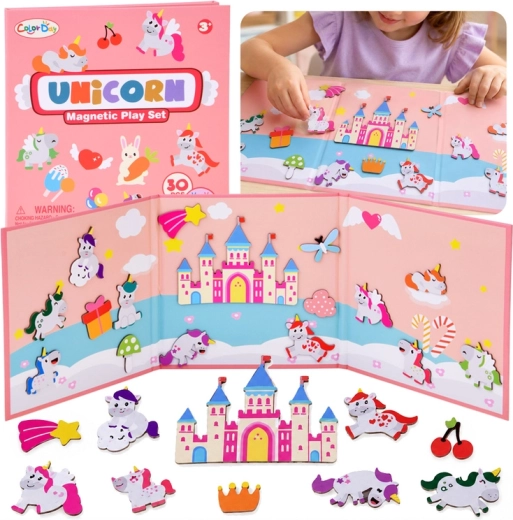 Magnetische puzzelset sprookjesachtige eenhoorns met uitklapbaar speelbord en 30 magneten