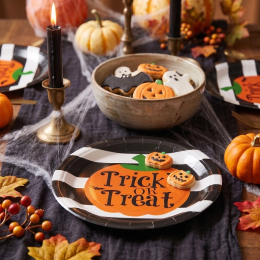 Halloween papieren borden met pompoen en opschrift Trick or Treat, 23 cm - 8 stuks