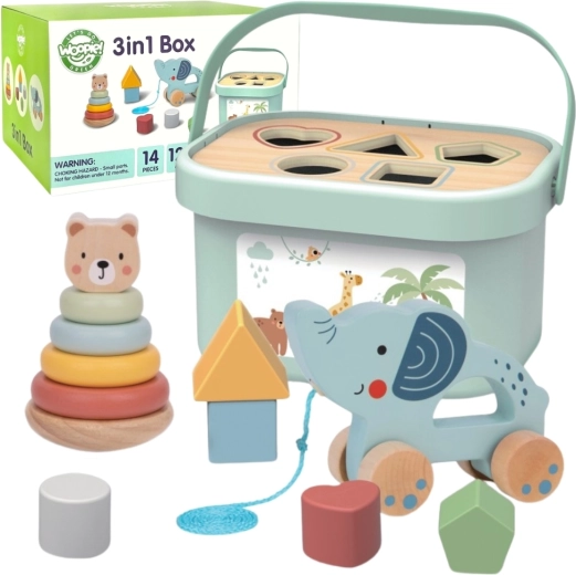 Woopie Green educatieve set 3-in-1: sorteerkist, beertjespiramide en trekolifant