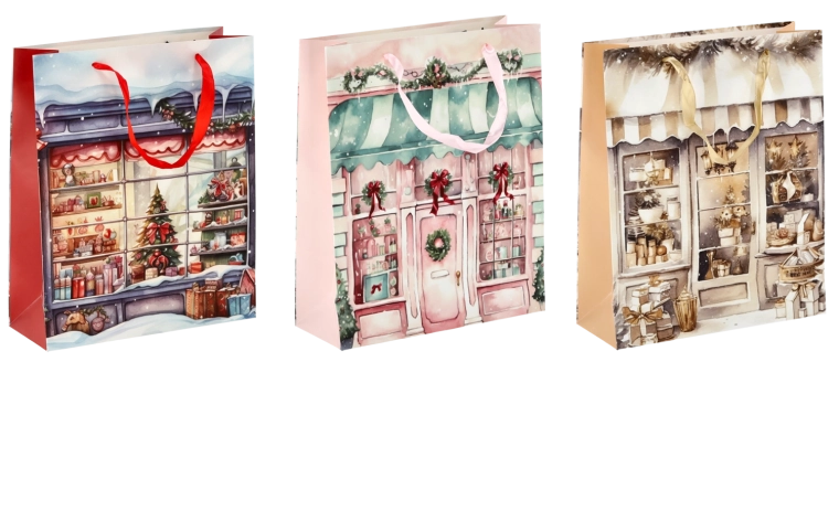 Kerstcadeautas met huisjesmotief, glanzende laminering, 26 × 32 × 10 cm