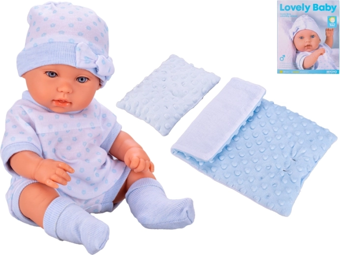 Baby met dekentjes 33 cm – blauw-witte kleding