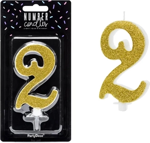 Verjaardagskaars cijfer 2 goud 10 cm - 1 stuk