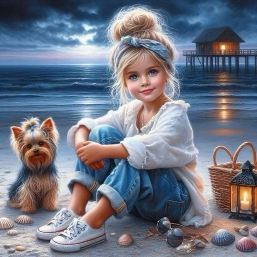 Diamantmozaïek Meisje zittend met een hond op het strand 30 × 40 cm